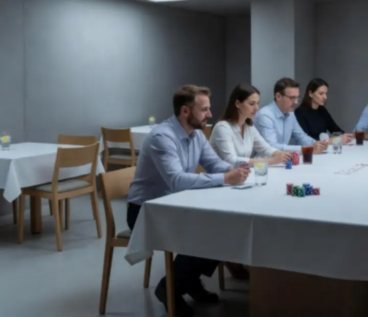 Večerní atmosféra restaurace Kout Chuti s pokerovým stolem a prostřenými talíři.