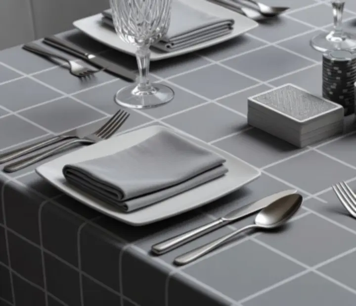 Detail stolování a pokerových karet v restauraci Kout Chuti