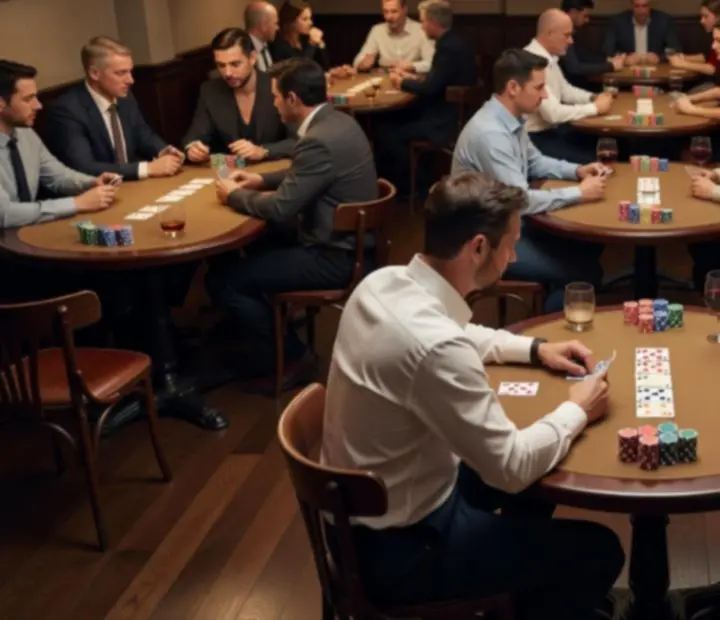 Různé pokerové stoly v restauraci připravené pro večerní offline zasedání
