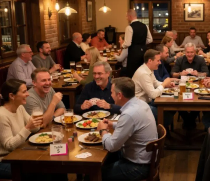 Galerie momentů z offline pokerových večerů v českém restaurantu s hosty a jídlem