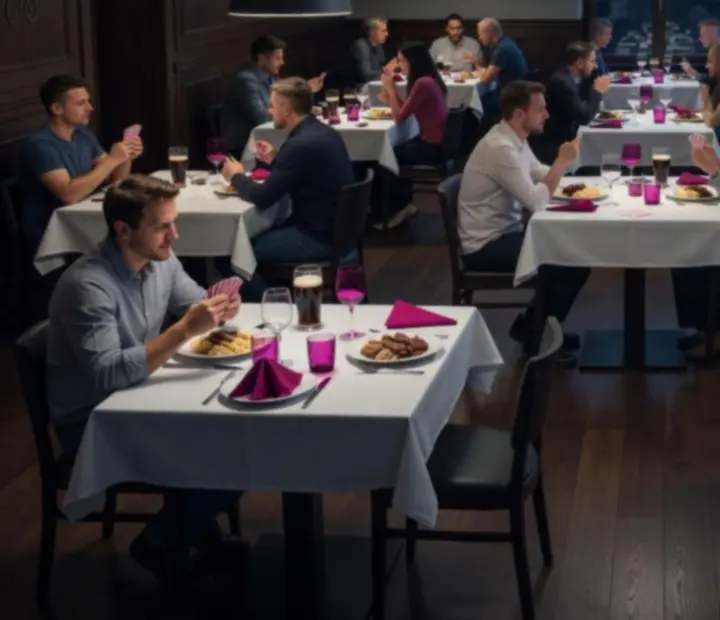 Večerní offline poker u masivního restaurančního stolu v Kout Chuťi