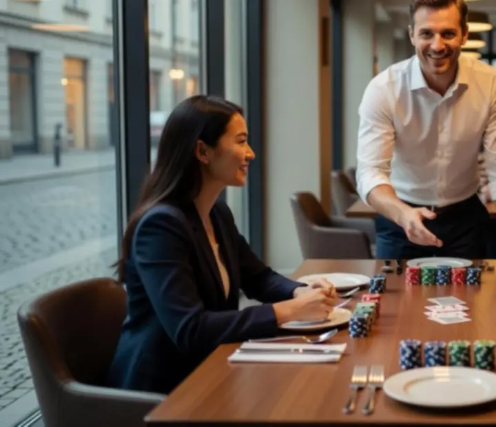 Hostitel u stolu vítá skupinu hostů a vysvětluje průběh večerního pokeru v restauraci.