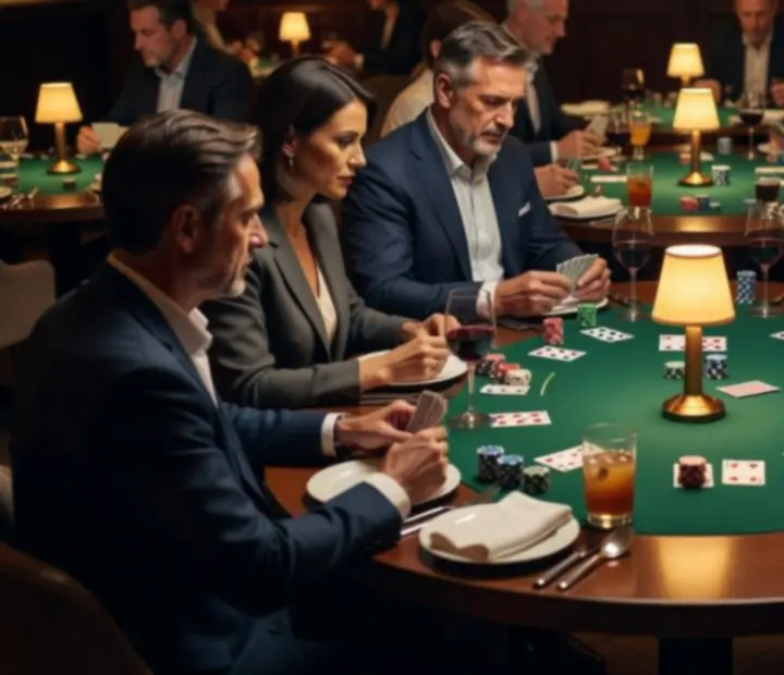 Fyzické pokerové stoly v restauraci Kout Chuti, kde hosté hrají offline poker a zároveň stolují.