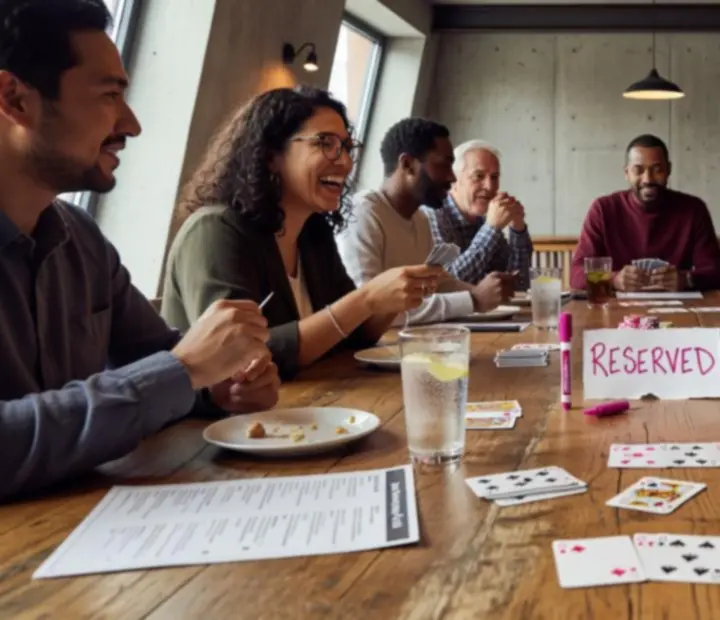 Pohled na osvětlený restauranční stůl připravený pro offline pokerový večer s večeří