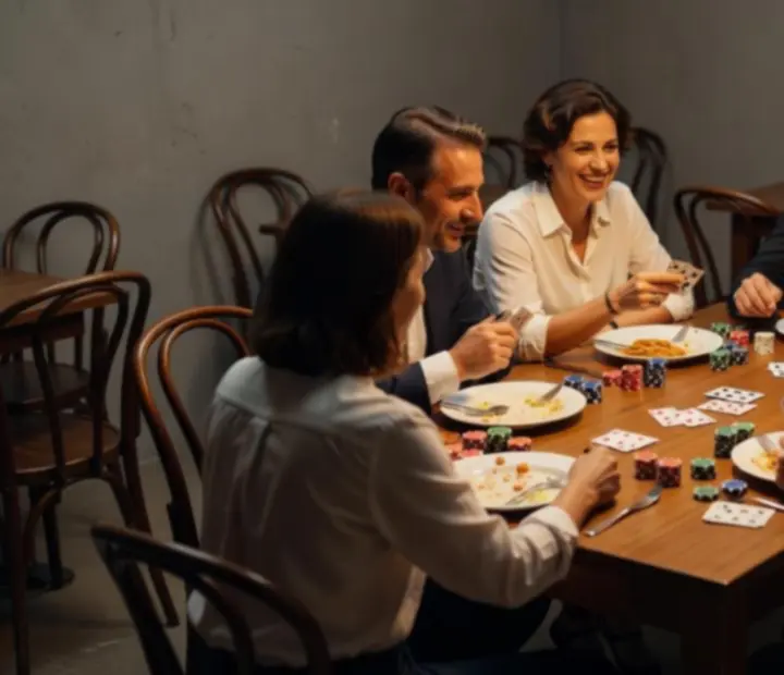 Galerie večerních momentů: talíře s jídlem, žetony jako rekvizity a hosté v konverzaci.