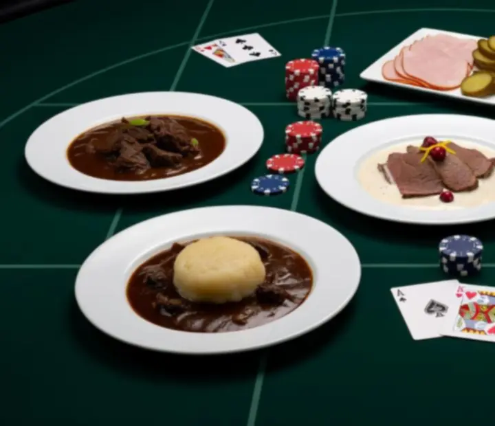 Ukázka českých jídel servírovaných během pokerového večera v restauraci.