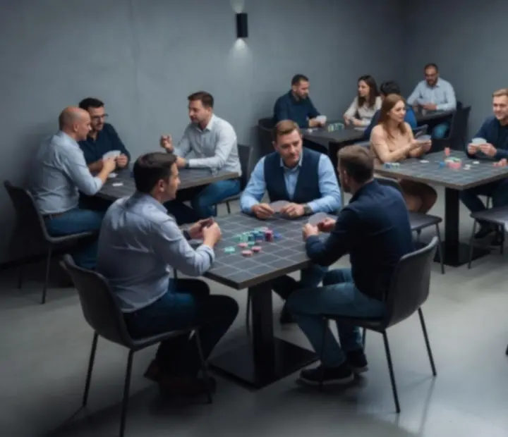 Detail večerní pokerové sessiony u restaurančního stolu v Kout Chuti