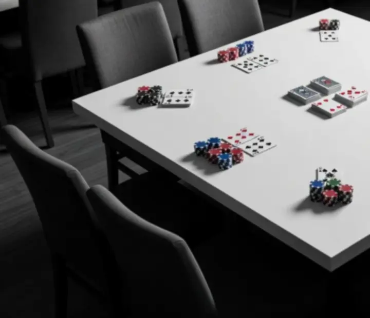 Tematický pokerový stůl s nepeněžními žetony a menu večera v Kout Chuti
