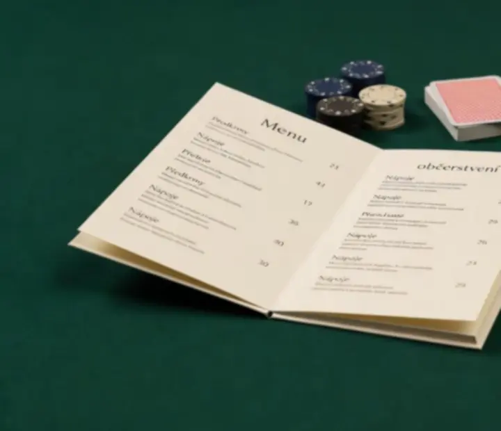 Stůl v restauraci s kartami a podnosem s občerstvením a nápoji