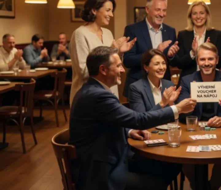Skupina hostů v restauraci Kout Chuti slaví symbolické zakončení večerního offline pokeru.