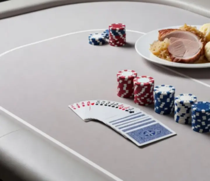 Pokerové stoly v restauraci doplněné talíři s českým jídlem a nápoji