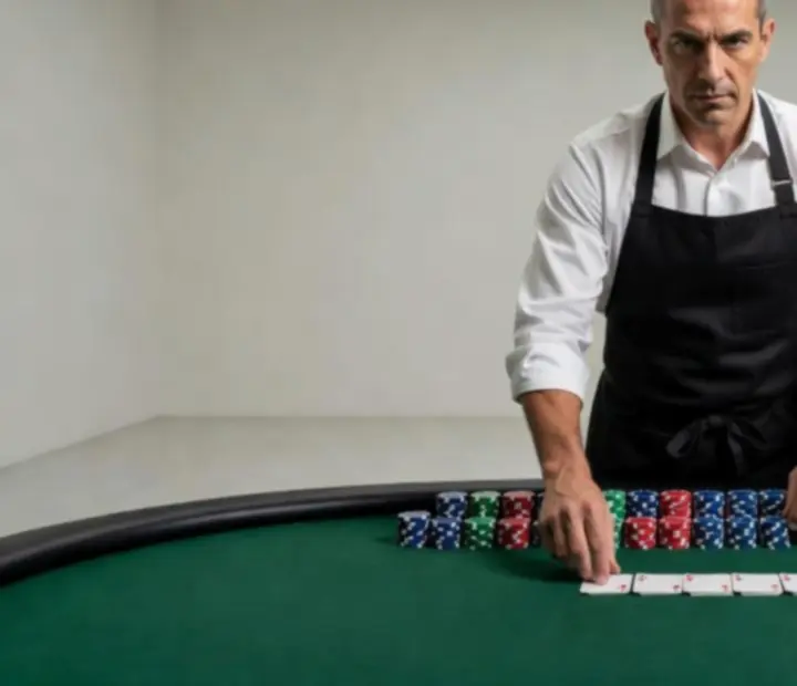 Detail týmu, který připravuje pokerový stůl s kartami a žetony v restauraci