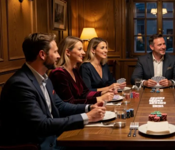 Hostitel vede komorní pokerový večer uzavřené skupiny u stolu v restauraci.
